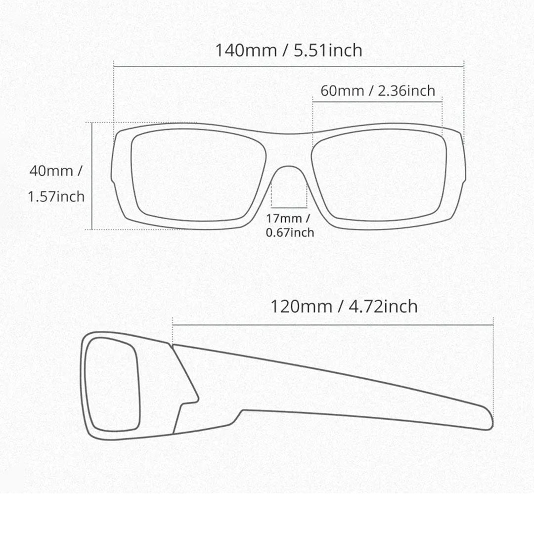 Measurement chart of sunglasses with dimensions labeled