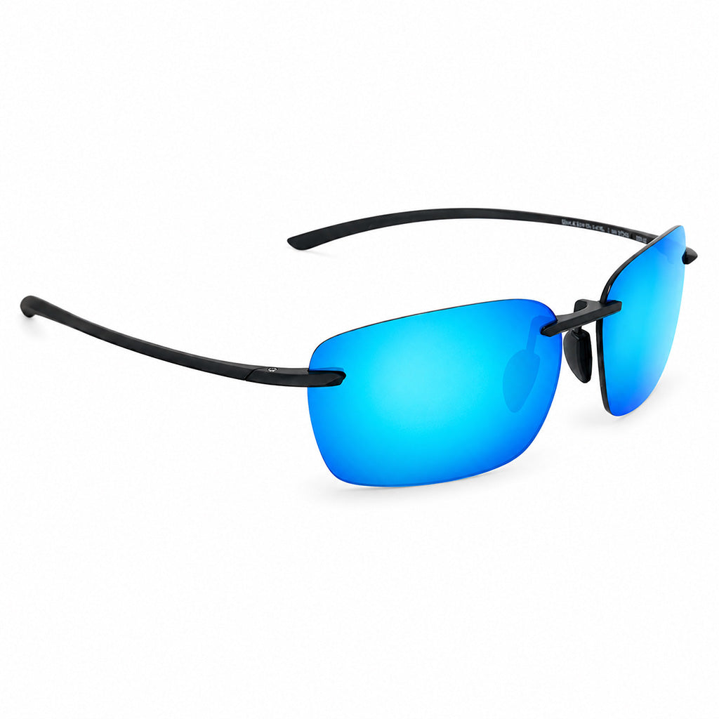 Sunglasses with blue lenses and black frame on a white background