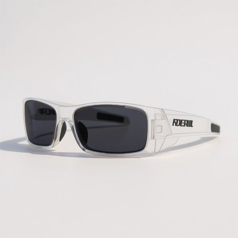 White sunglasses with black lenses on a light gray background