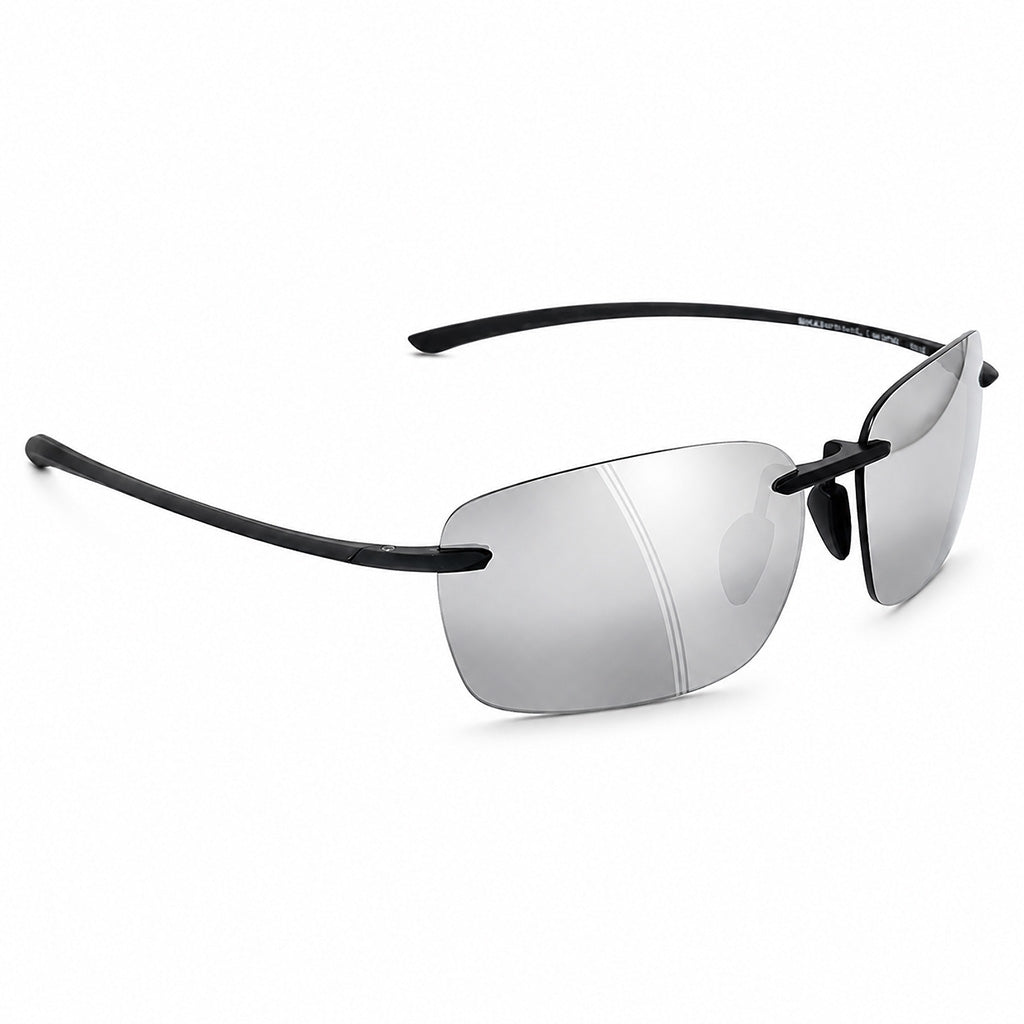 Sunglasses with black frame and silver reflective lenses on a white background
