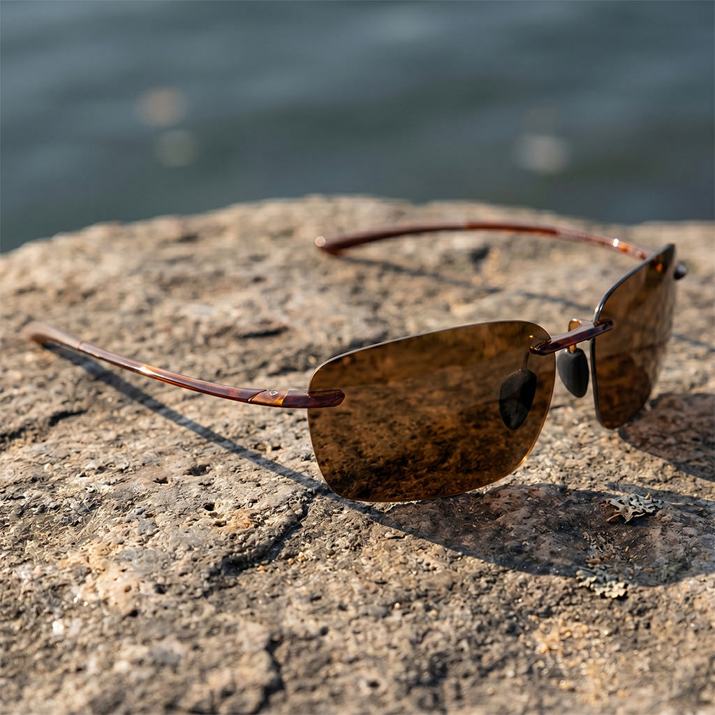 Sunglasses on a stone surface with water in the background
