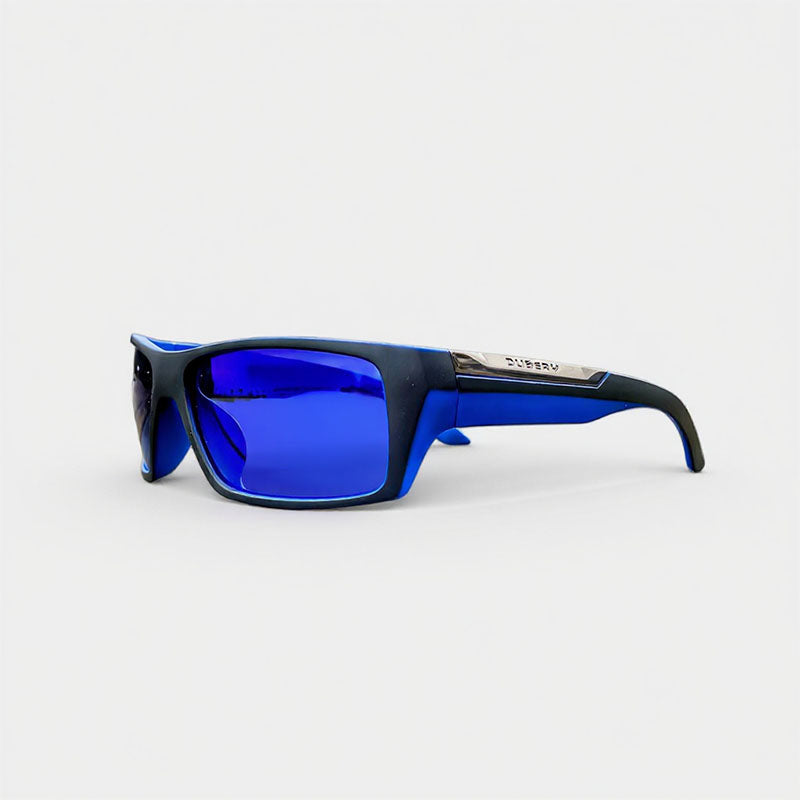 Blue sunglasses with black frame on a white background