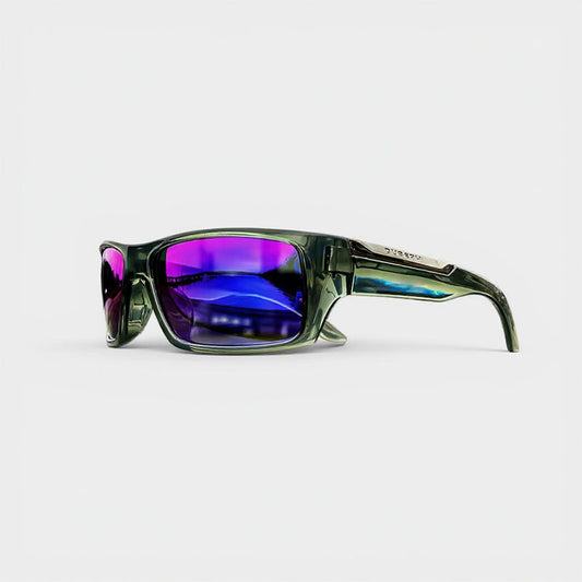 Sunglasses with purple reflective lenses on a white background