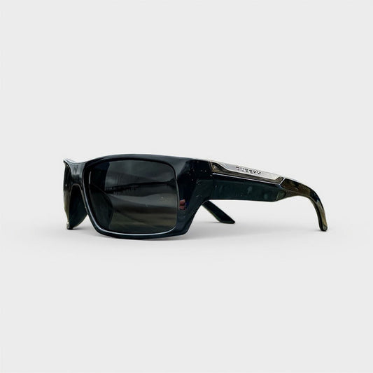 Black sunglasses with a reflective surface on a white background