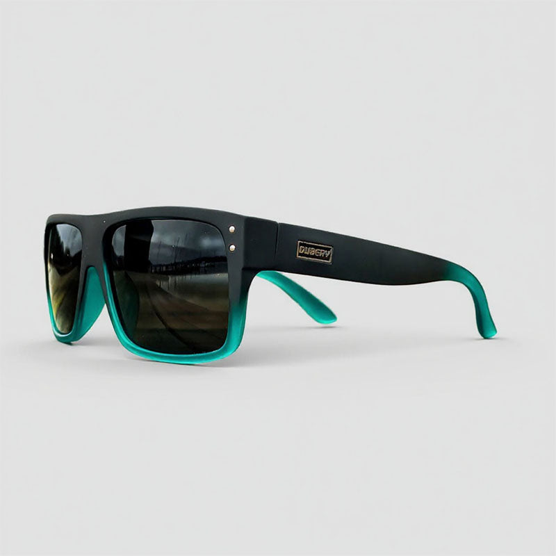 Fishing sunglasses with black and green frame on a light gray background