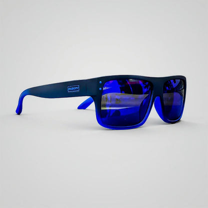 Fishing blue sunglasses with a reflective surface on a light gray background