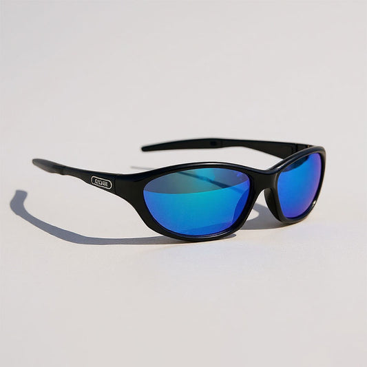 Black-framed sunglasses with blue-tinted lenses on a light gray background