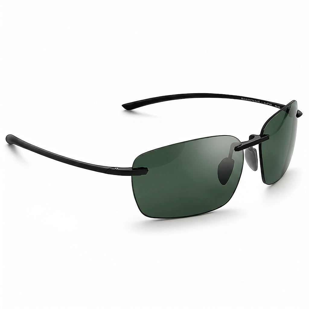 Sunglasses with black frame and green lenses on a white background