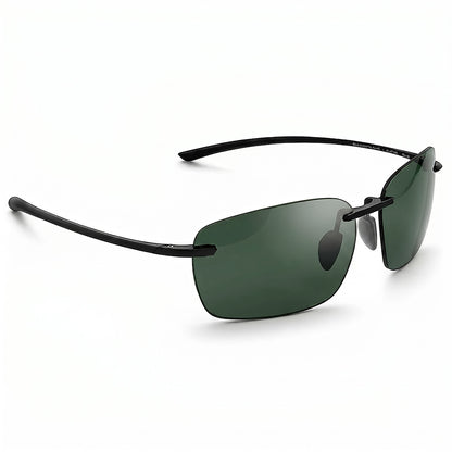 Sunglasses with black frame and green lenses on a white background