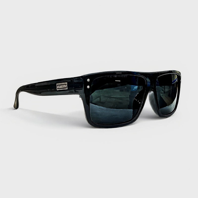 Fishing black sunglasses with reflective lenses on a white background