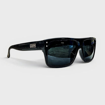 Fishing black sunglasses with reflective lenses on a white background