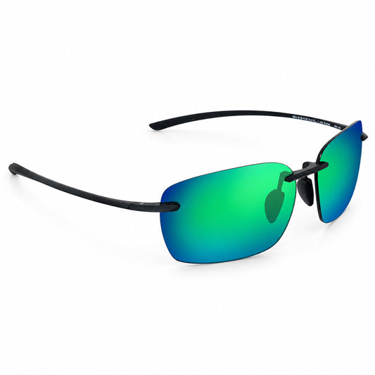 Sunglasses with green reflective lenses and black frame on a white background