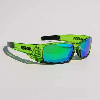 Green sunglasses with reflective lenses on a light gray background