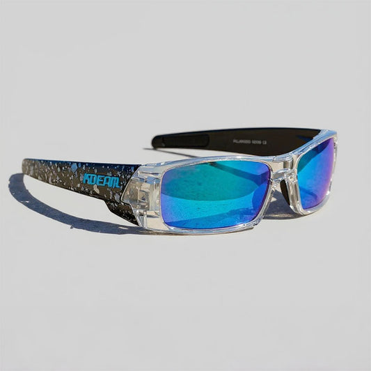 Sunglasses with blue-tinted lenses on a light gray background