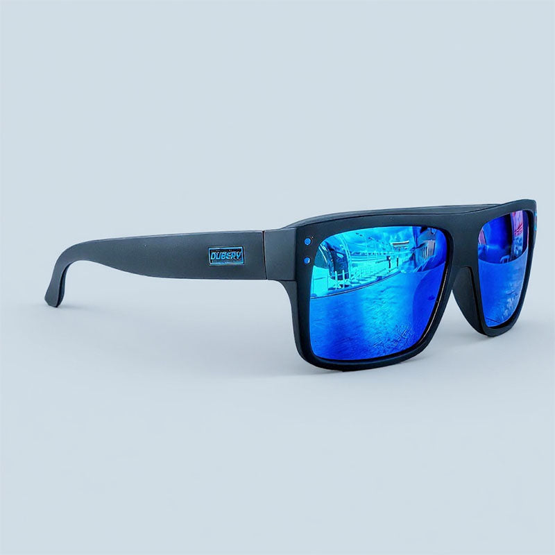 Fishing sunglasses with blue reflective lenses on a light gray background