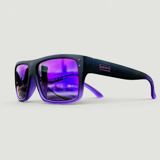 fishing sunglasses with purple lenses and black frame on a light gray background
