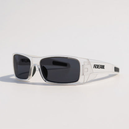 White sunglasses with black lenses on a light gray background