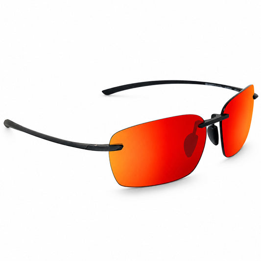 Sunglasses with red lenses and black frames on a white background