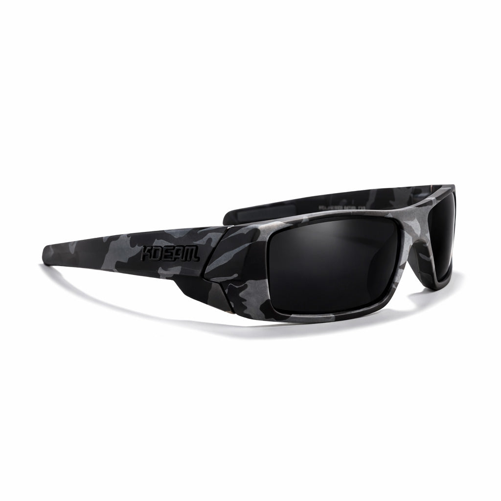 Black camouflage sunglasses with a brand logo on a white background
