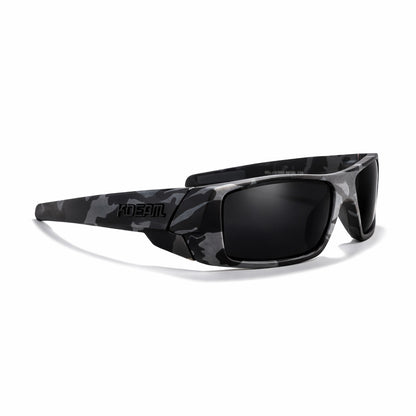 Black camouflage sunglasses with a brand logo on a white background