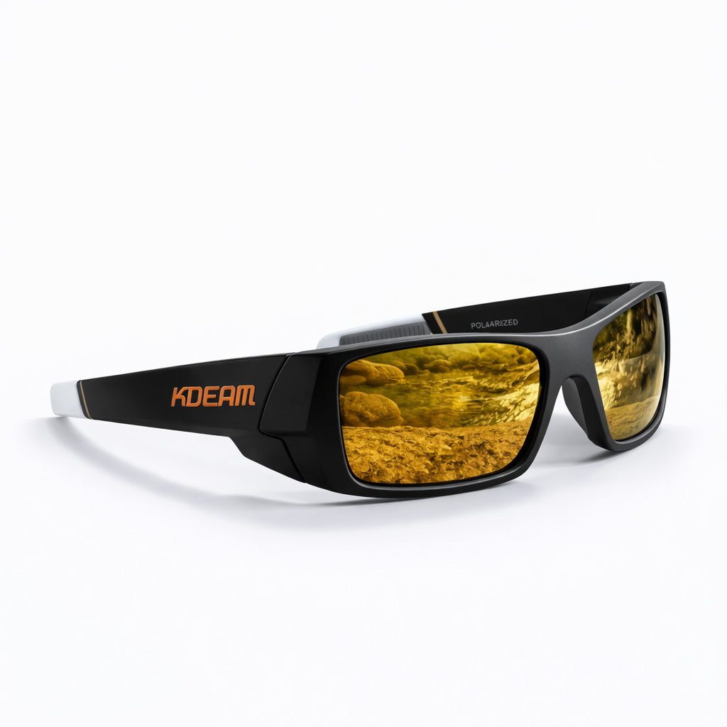 Sunglasses with black frame and yellow-tinted lenses on a white background