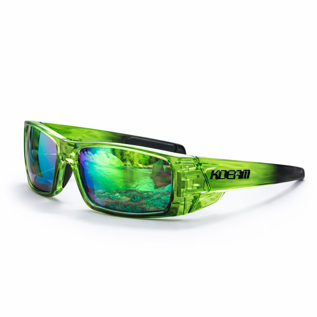 Green sunglasses with black accents on a white background