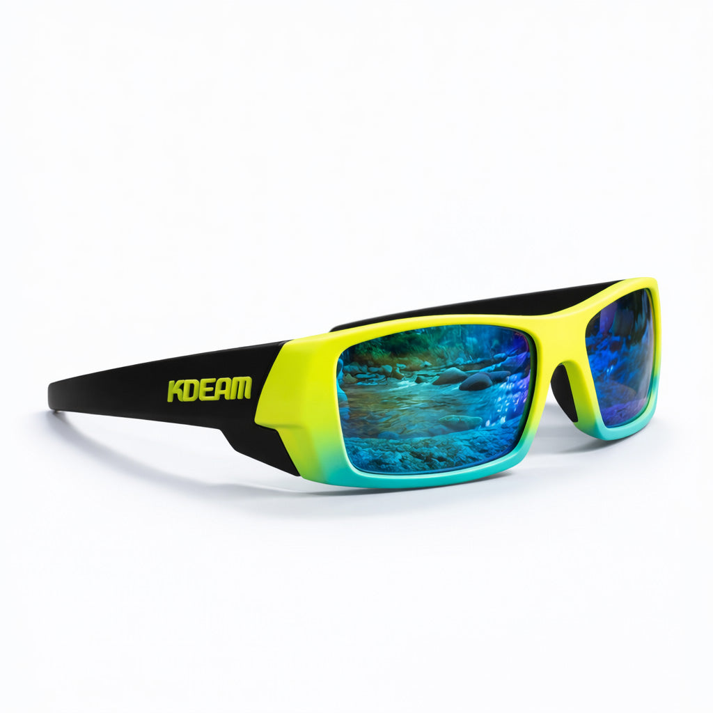 Sunglasses with blue reflective lenses and yellow and black frame on a white background