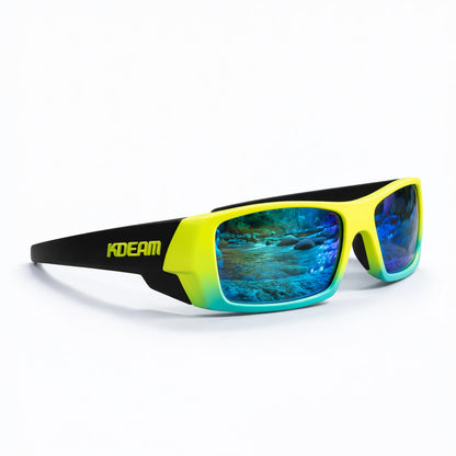 Sunglasses with blue reflective lenses and yellow and black frame on a white background