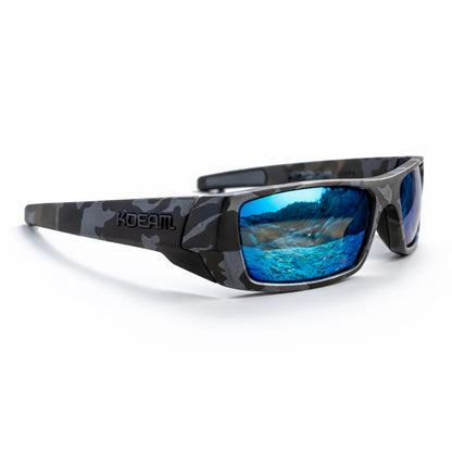 Sunglasses with blue reflective lenses and camouflage frame on a white background