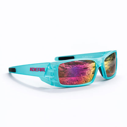 Turquoise sunglasses with colorful reflective lenses on a white background
