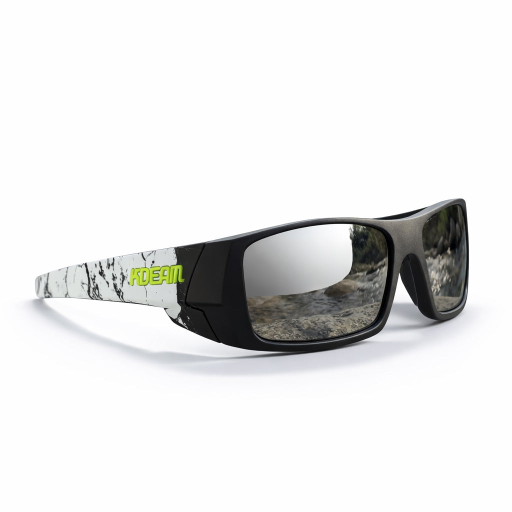 Mirrored silver lens sunglasses with a white frame featuring black and green text on a white background