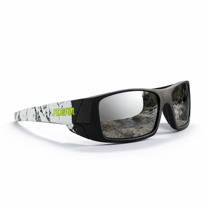 Mirrored silver lens sunglasses with a white frame featuring black and green text on a white background