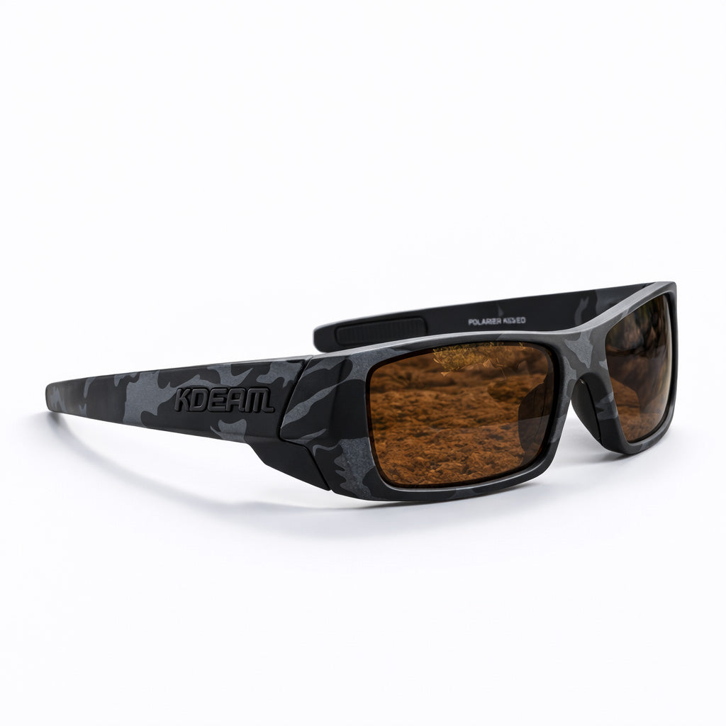 Sunglasses with dark lenses and camouflage frame on a white background