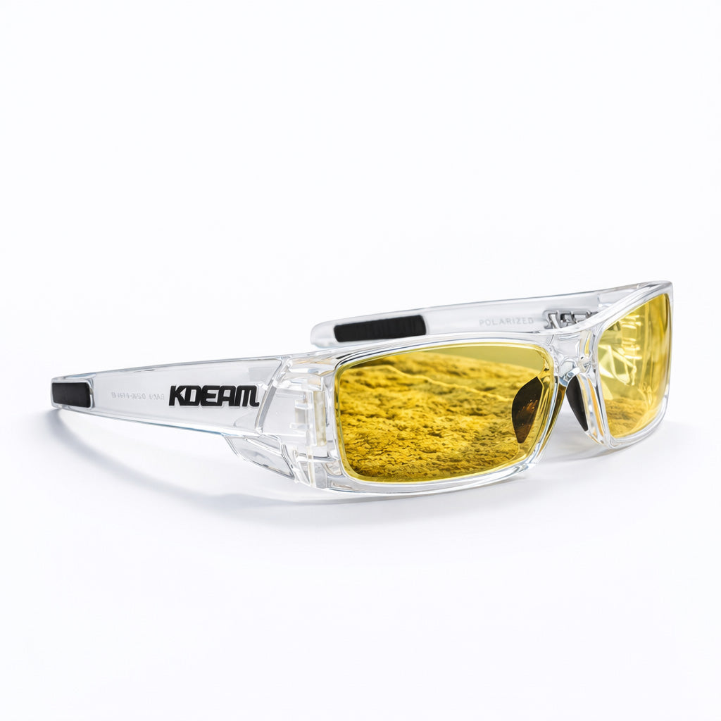 Clear-framed sunglasses with yellow lenses on a white background