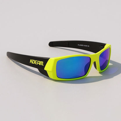 Fishing sunglasses with black and green frame on a light gray background