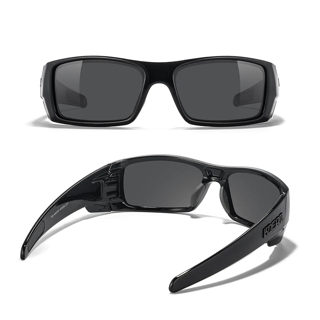 Black sunglasses with dark lenses on a white background