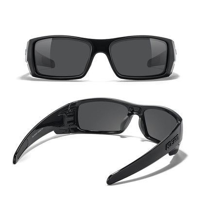 Black sunglasses with dark lenses on a white background