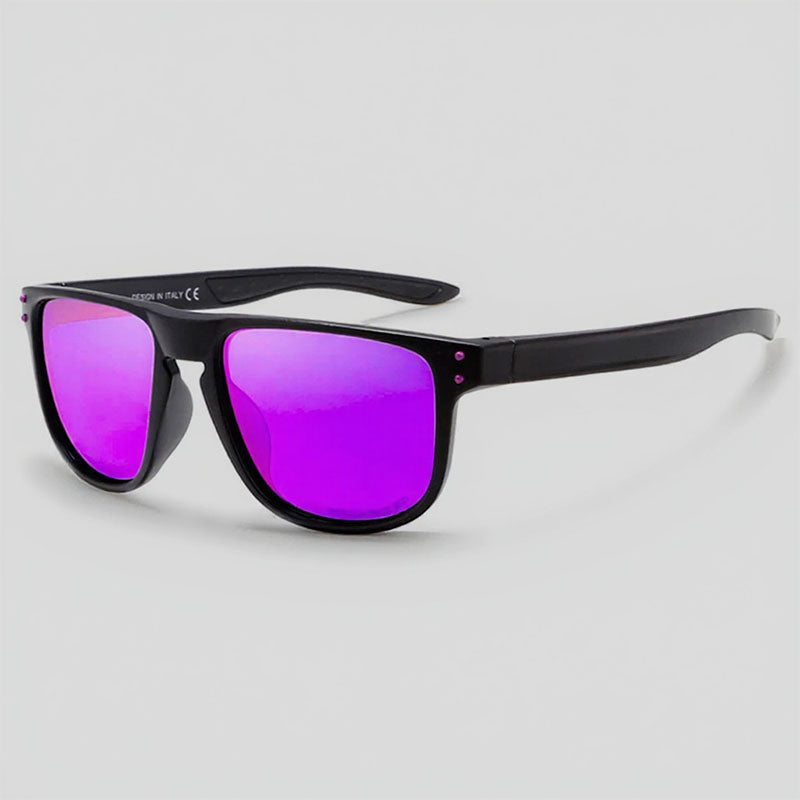 Black sunglasses with purple lenses on a light gray background