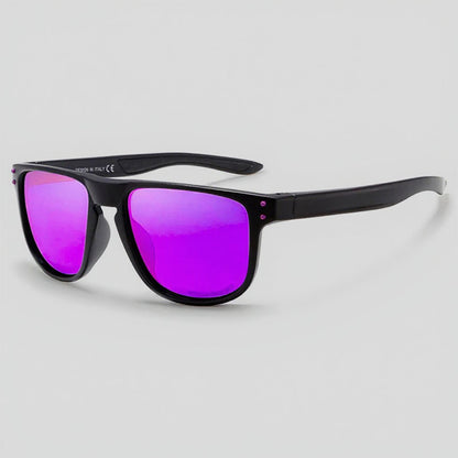 Black sunglasses with purple lenses on a light gray background