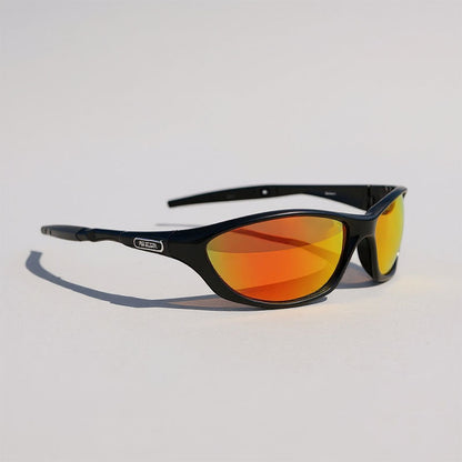 Black sunglasses with orange-tinted lenses on a light gray background