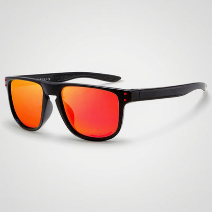 Black-framed sunglasses with red lenses on a light gray background