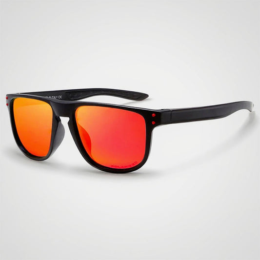 Black-framed sunglasses with red lenses on a light gray background