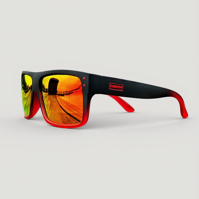 Fishing sunglasses with black frame and red sides on a light gray background