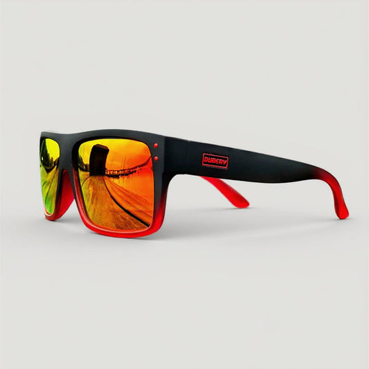Fishing sunglasses with black frame and red sides on a light gray background