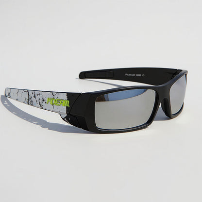 Sunglasses with a black frame and gray lenses on a light gray background